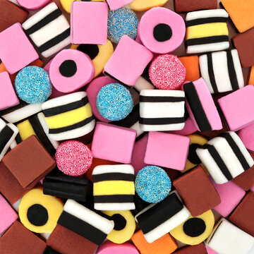 Licorice allsorts sweets abstract colorful background. Old fashioned sweet food confectionery candy.
