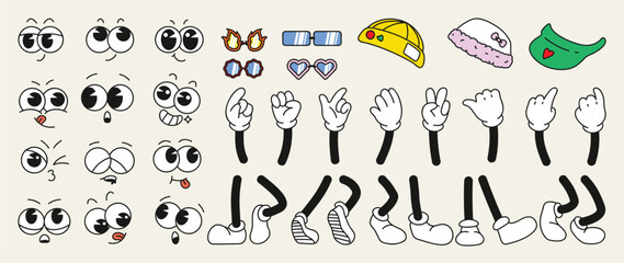 Set of 70s groovy comic vector. Collection of cartoon character faces in different emotions, hand, glove, glasses, hat, shoes. Cute retro groovy hippie illustration for decorative, sticker. © TWINS DESIGN STUDIO