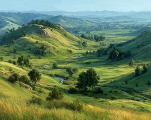 Fototapeta premium Serene Green Valley Landscape Under Sunlight