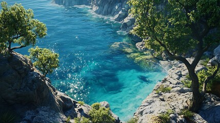 A serene coastal scene with clear turquoise water and rocky cliffs surrounded by greenery.