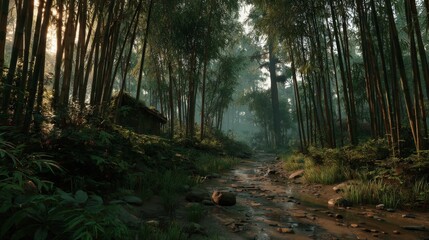 Obraz premium Sunlit Path Through Lush Green Forest