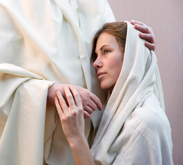Holy saint bless sacred divin light shine scarf cute young wife lady face ask wish trust king Lord...