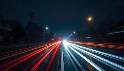 Dynamic Trails of Headlights and Taillights on a Slick Street at Dusk