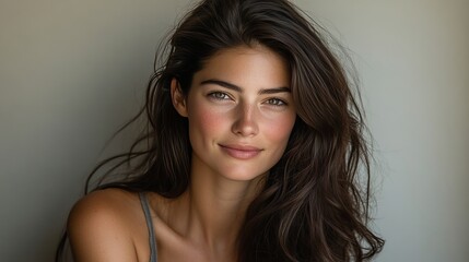 Naklejka premium Portrait of a Beautiful Woman with Long, Dark Hair, and Natural Makeup on a Beige Background