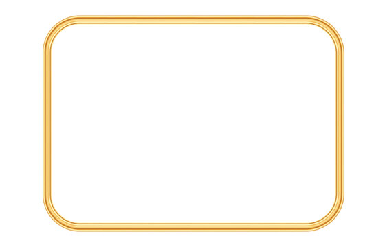 Gold shiny rectangle frame with rounded corners. 3d luxury border, photo frame for picture, painting, card. Golden object mockup for certificate, stamp, vignette. Vector illustration