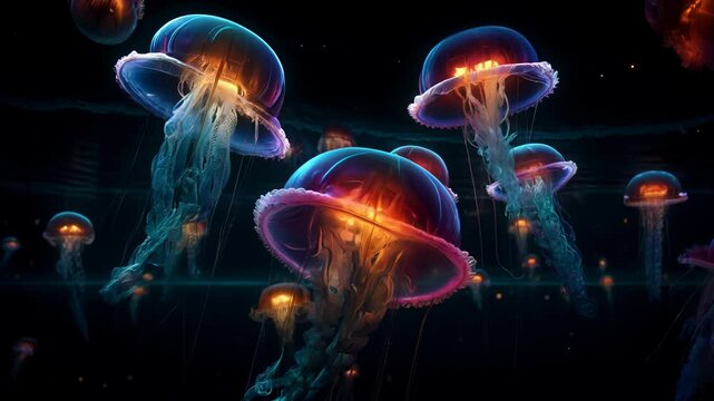 rainbow neon jellyfish floating in the dark water of an alternate reality. Generative AI 4k endless video footage. Artistic original mental, emotional, and spiritual concept	