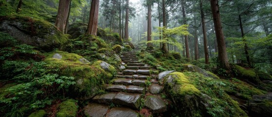 Stone Steps Winding Through a Lush Green Forest