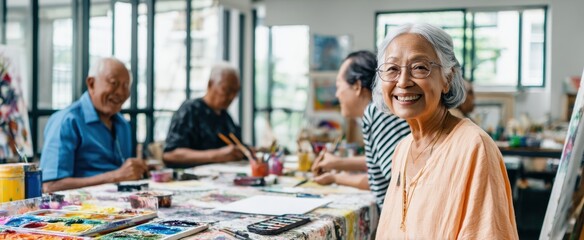 The joyful seniors engaging in a vibrant painting workshop together.
