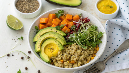 Vibrant plant based meal featuring quinoa, avocado, and colorful vegetables, perfect for healthy