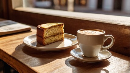 A caf&eacute; table with a banana cake slice on a wooden tray, served with a latte, newspaper, and warm sunlight from a nearby window.