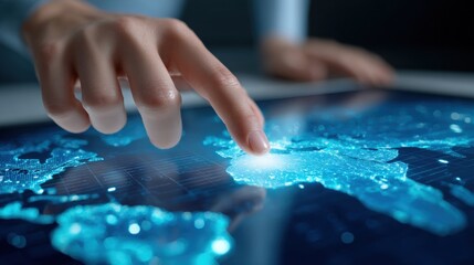 A hand interacting with a glowing digital map, representing data visualization and technology in a modern context.