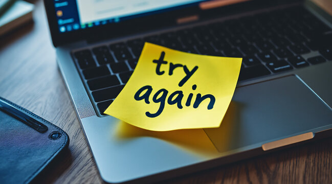 Motivational Sticky Note on Laptop Showing Encouragement to Try Again in Office Setting