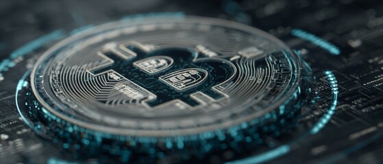 Closeup of a Bitcoin Digital Coin on Circuit Board