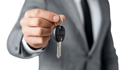 Hand in Gray Suit Offering Car Keys on Transparent Background, PNG