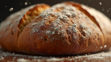  Crust Craft – Close-Up of Rustic Artisan Sourdough Bread with Golden-Brown Crust and Flour Dust Suspended in the Air, Freshly Baked and Still Warm from the Oven