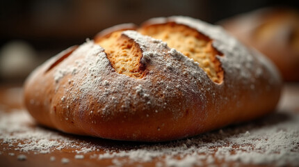 Crust Craft – Close-Up of Rustic Artisan Sourdough Bread with Golden-Brown Crust and Flour Dust Suspended in the Air, Freshly Baked and Still Warm from the Oven
