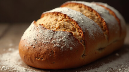  Crust Craft – Close-Up of Rustic Artisan Sourdough Bread with Golden-Brown Crust and Flour Dust Suspended in the Air, Freshly Baked and Still Warm from the Oven