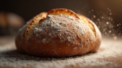 Crust Craft – Close-Up of Rustic Artisan Sourdough Bread with Golden-Brown Crust and Flour Dust Suspended in the Air, Freshly Baked and Still Warm from the Oven