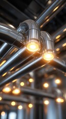 Shiny metal pipes with light fixtures create a modern industrial aesthetic, featuring warm glowing lights against a sleek background.