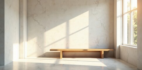 Sunlit minimalist hallway Wooden bench against a marble wall , modern home, white, home decor