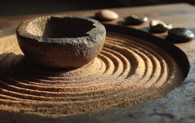 Naklejka premium Dark Brown Wooden Zen Garden with Sand Circles and Stones