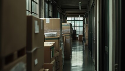 A dimly lit industrial hallway crammed with stacked cardboard boxes, light streaming in from windows at the far end