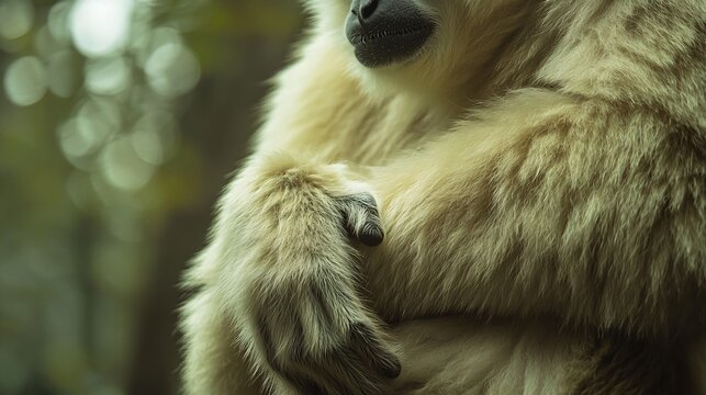 Gibbon fur close-up, long arms with soft beige coat, treetop background