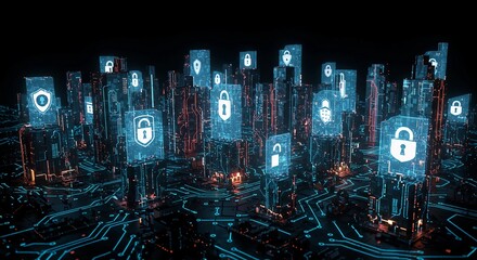 Cyber Security Network with Lock and Shield Icons Illuminating Cityscape