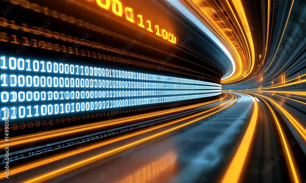 Poster data stream flowing through digital network tunnel
