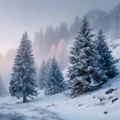 Naklejka premium Snowy Fir Trees on a Misty Mountainside