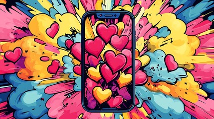 Comic-style pop art case with exploding hearts