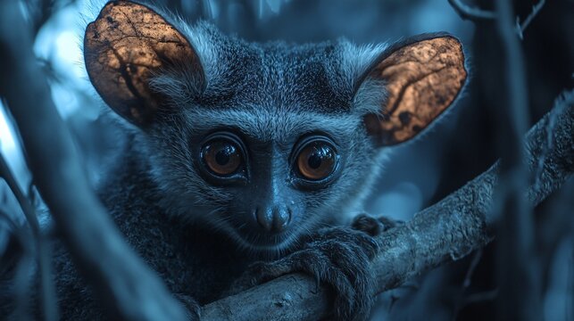 Captivating portrait of a wild nocturnal galago with giant amber eyes and translucent ears hiding in the jungle at night