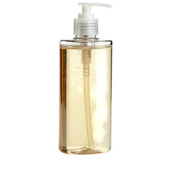 Clear liquid soap dispenser with a pump top.
