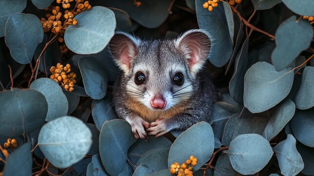 Adorable pygmy possum with wide eyes nestled among silvery blue eucalyptus leaves and golden blossoms