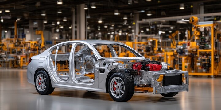 Modern car factory using robotic arms to assemble chassis and body with speed, precision, and strength