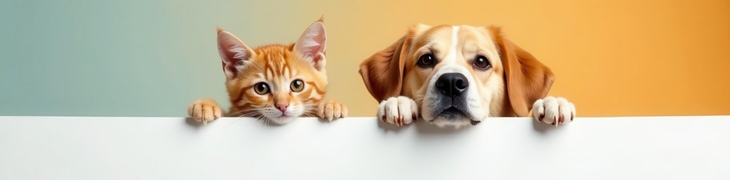Curious cat and dog peeking over white banner, friends, online, kitten