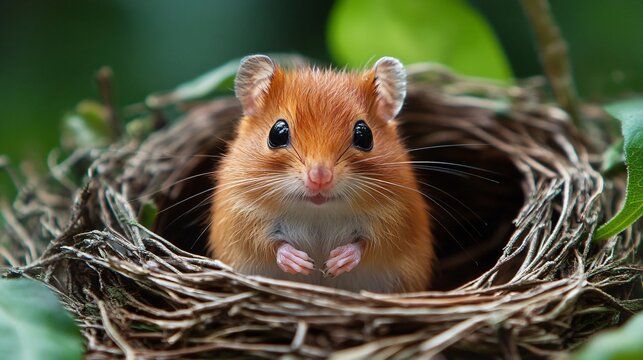 Charming close-up of a tiny hazel dormouse nestled comfortably in a bird's nest, showcasing wildlife curiosity and the concept of a safe home