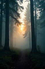 Naklejka premium Fog in the forest, woodland landscape