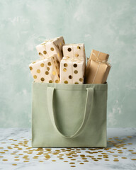 Olive-toned shopping tote brimming with pale cream-colored goods, combining earthy tones and style for a practical yet chic design