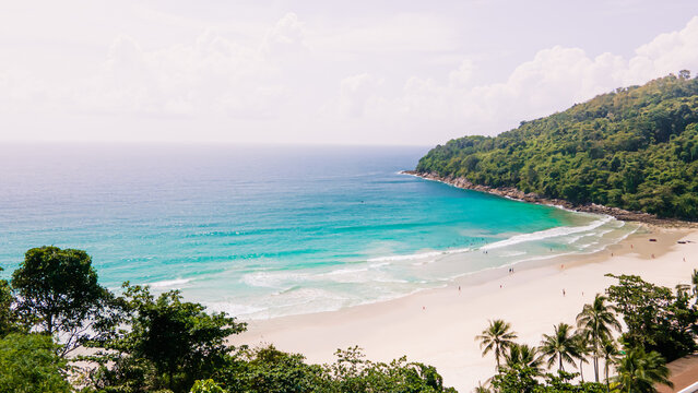 Aerial view beautiful Karon noi Beach in Phuket Thailand, Landscape of patong city phuket in sunny summer day time, Beautiful tropical sea,High angle view Sea beach Sunset in the evening