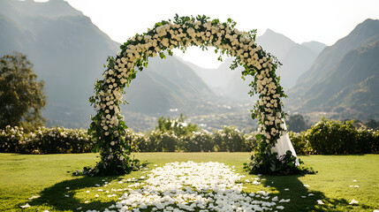 outdoor wedding ceremony setting, floral arch made of white roses and greenery, romantic mountain landscape in the background, soft natural lighting, petals scattered on the grass, elegant white