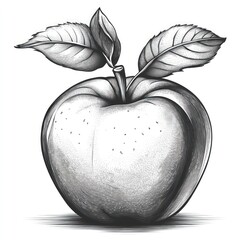 Detailed grayscale drawing of an apple with leaves