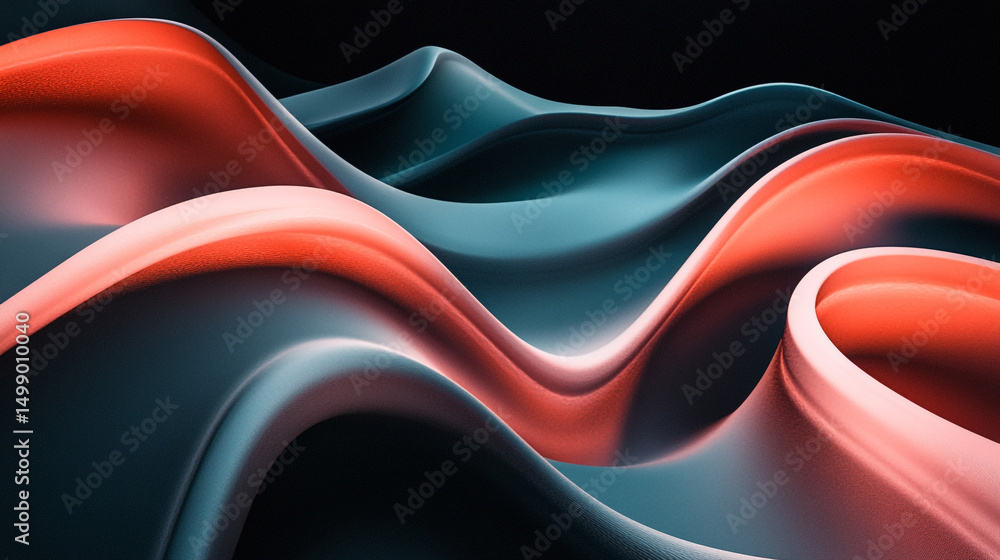 Poster a digital abstract artwork showcasing smooth, undulating ridge-like waves in shades of coral red and