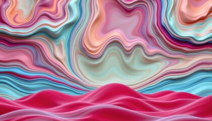 Obraz premium Abstract colorful marbled flowing pattern with vibrant pink, peach, teal, and purple swirls creating a surreal artistic background for design projects