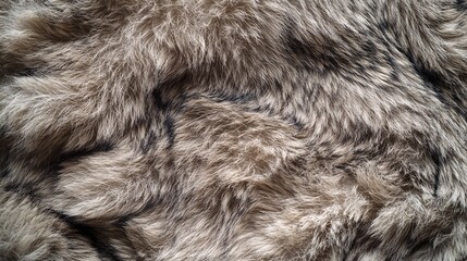 Detailed macro shot of a dense and soft animal fur texture, with shaggy brown, grey, and black hair creating a natural, warm background