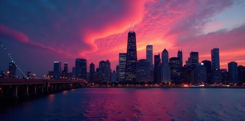 Naklejka premium Dusk falls on Chicago's skyscrapers, vibrant city glow, downtown, picture, scene