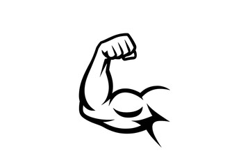 Outlined muscular arm flexing bicep muscle icon on white background
