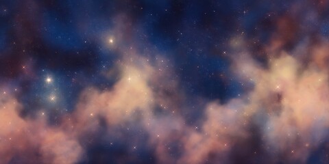Fototapeta premium surreal galaxy sky with rich indigo darkness melting into soft peach-toned nebula clouds, glowing star halos, and gentle atmospheric gradients 