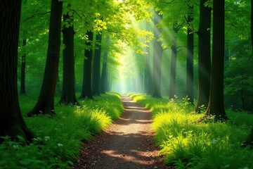 Sun dappled path winding through lush green forest, sunlight streaming through leaves , tranquility, adventure, trees