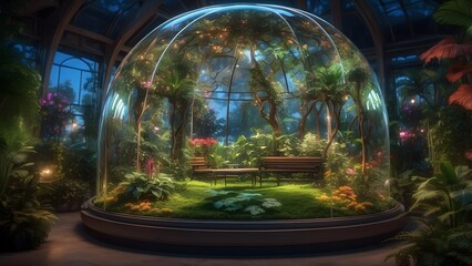 Obraz premium A glass dome botanical garden with glowing, AI-tended plants, Cinematic theme, HDR, Vibrant